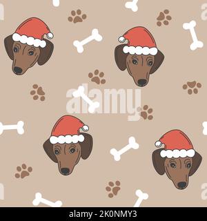 Cute cartoon holidays seamless vector pattern background illustration with character baby dog with santa claus hat, paw prints and bones Stock Vector