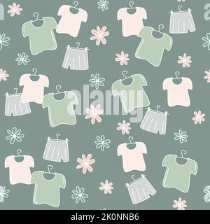 Cute lovely seamless vector pattern background illustration with clothes and daisy flowers Stock Vector