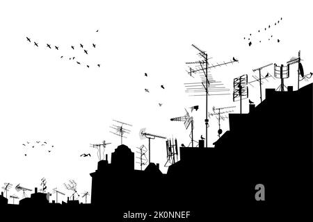 Silhouettes of roofs with antennas.City,houses,rooftops, old antennas and birds.Big urban or city housing concept.Town with buildings horizon panorama Stock Vector