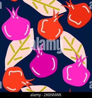 cute contemporary seamless vector pattern background illustration with abstract pomegranates and leaves Stock Vector