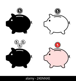 Set of Piggy bank flat icon, sign vector with turkish lira web symbol. Money income, economic graphic button . Stock Vector