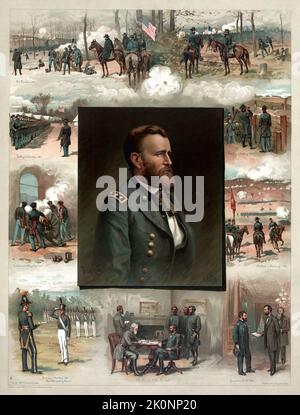 Grant from West Point to Appomattox, an 1885 engraving commemorating Grant's achievements after his death. His portrait is surrounded by nine scenes of his career from West Point graduation in 1843 to Lee's surrender in 1865. Clockwise from lower left: Graduated at West Point 1843 - Gen. Scott presenting diplomas In the tower at Chapultepec 1847 Drilling his Volunteers 1861 Fort Donelson 1862 The Battle of Shiloh 1862 The Siege of Vicksburg 1863 The Battle of Chattanooga 1863 Commander-in-Chief 1864 The Surrender of Gen. Lee 1865 Stock Photo
