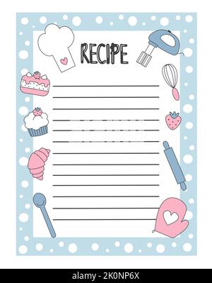 Cute hand drawn recipe list vector design illustration with cartoon cupcake, strawberry, chef hat, cake and some kitchen tools Stock Vector