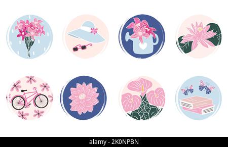 trendy Vector set of colorful hand drawn logo design templates, icons and badges for social media highlight with cute fashion springtime elements Stock Vector