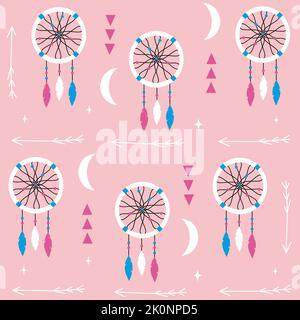 cute lovely seamless vector pattern background illustration with dream catcher, moon, stars, arrows and stars Stock Vector