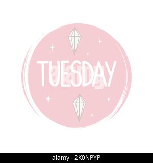Cute logo or icon vector with hand drawn lettering tuesday word, illustration on circle with brush texture, for social media story and highlight Stock Vector