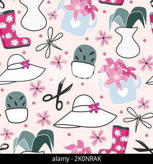 Cute lovely beautiful abstract seamless vector pattern background illustration with colorful plants, girly hats, scissors, dragonflies, rubber Stock Vector