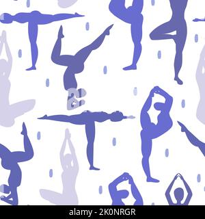 cute funny abstract seamless vector pattern design with very peri asana yoga poses silhouettes and confetti on white background healthy lifestyle conc Stock Vector