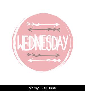 Cute logo or icon vector with hand drawn lettering wednesday word, illustration on circle with brush texture, for social media story and highlight Stock Vector