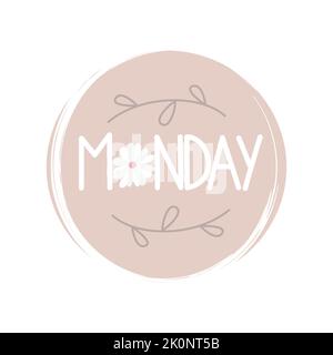 Cute logo or icon vector with hand drawn lettering monday word, illustration on circle with brush texture, for social media story and highlight Stock Vector