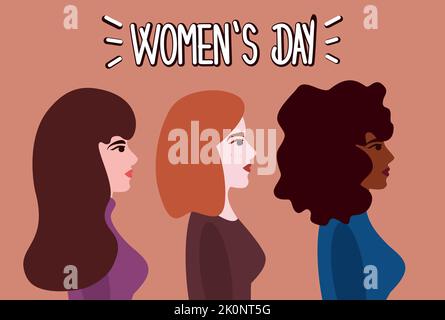 womens day lettering with group of interracial girls vector ...