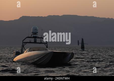 220910-N-NO146-1001 GULF OF AQABA (Sept. 10, 2022) Two unmanned surface vessels, a Devil Ray T-38 and Saildrone Explorer, operate in the Gulf of Aqaba, Sept. 10, during Eager Lion 2022. Eager Lion is an exercise between the U.S., Jordan & 28 partner nations focused on enhancing military cooperation & interoperability. (U.S. Navy photo) Stock Photo