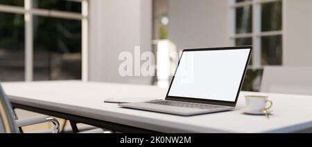 Modern office workspace with notebook laptop computer white screen mockup, coffee cup and tablet on white meeting table. close-up image. 3d rendering, Stock Photo