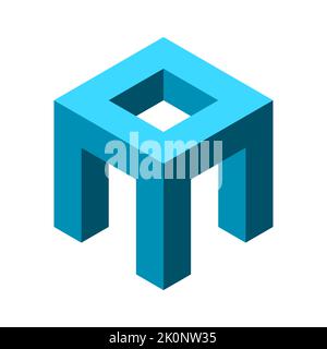 Blue built structure on three pillars. Architecture, building, construction industry. Geometric isometric projection of three columns. Halls and door Stock Vector