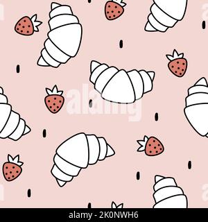 Cute lovely cartoon delicious black and white croissant with red strawberries seamless vector pattern illustration on pink background Stock Vector