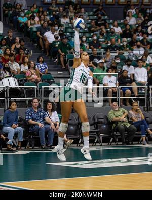 September 4, 2022 - Hawaii setter Mylana Byrd (15) serves the ball during the match of the Hawaii vs. UCLA volleyball game at the Simplifi Arena at Stan Sheriff Center in Honolulu, Hawaii. Glenn Yoza/CSM Stock Photo