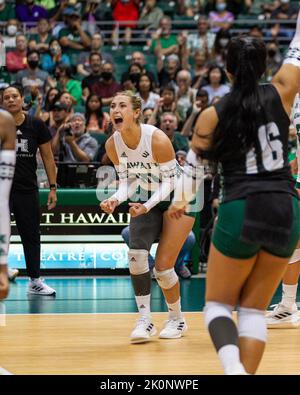 September 4, 2022 - Hawaii setter Kate Lang (10) celebrates a point during the match of the Hawaii vs. UCLA volleyball game at the Simplifi Arena at Stan Sheriff Center in Honolulu, Hawaii. Glenn Yoza/CSM Stock Photo