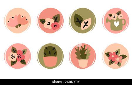 Vector set of logo design templates, icons and badges for social media highlight with cute plants, flowers and gardening elements Stock Vector
