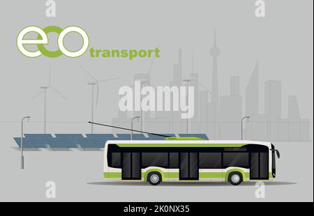 Trolleybus on the background of renewable energy and the big city. Side view. Stock Vector