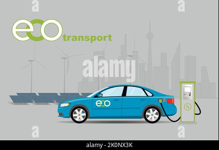 Charging a blue passenger car at an electric charging station against the backdrop of a solar power plant and the silhouette of a big city. Stock Vector