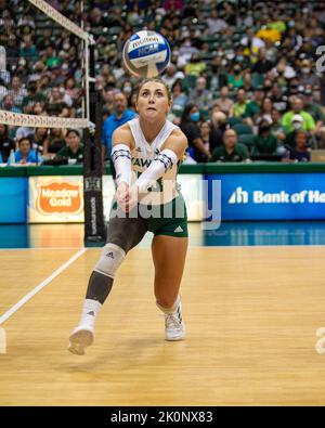 September 4, 2022 - Hawaii setter Kate Lang (10) saves the ball during the match of the Hawaii vs. UCLA volleyball game at the Simplifi Arena at Stan Sheriff Center in Honolulu, Hawaii. Glenn Yoza/CSM Stock Photo