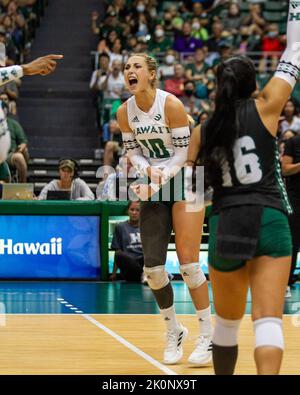 September 4, 2022 - Hawaii setter Kate Lang (10) celebrates a point during the match of the Hawaii vs. UCLA volleyball game at the Simplifi Arena at Stan Sheriff Center in Honolulu, Hawaii. Glenn Yoza/CSM Stock Photo