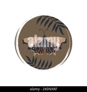 Cute butterfly with leaves icon logo vector illustration on circle with brush texture for social media story highlight Stock Vector