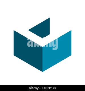 Letter C cube logo. 3D isometric block shape with long shadow effect. Blue box with white letter C on top. Construction industry symbol. Vector Stock Vector