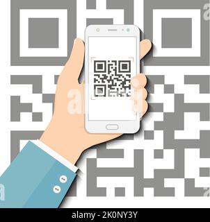 Hand using mobile smart phone scan Qr code. QR code scan for payment or identification, vector illustration. Stock Vector