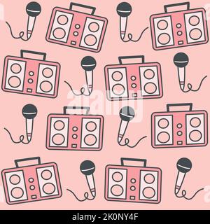 cute lovely seamless vector pattern background illustration with vintage boombox and microphones Stock Vector