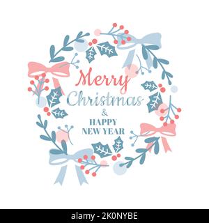 Merry Christmas floral vector. Colorful frame or greeting card with ribbon and branches. Stock Vector