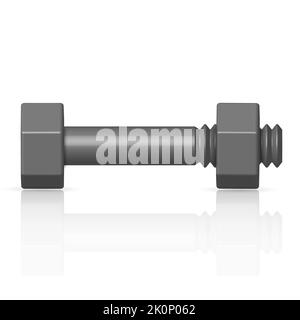 Bolt and nut with mirror reflection isolated on white background, 3D vector illustration. Stock Vector