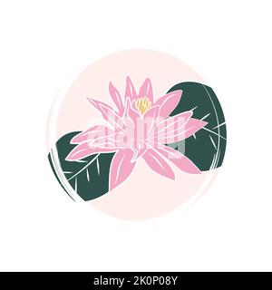 Cute logo or icon vector with pink lotus flowers, illustration on circle with brush texture, for social media story and highlight Stock Vector