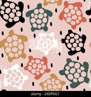 cute hand drawn abstract seamless vector pattern design illustration with colorful turtles silhouettes and black confetti on pink background Stock Vector