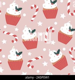 cute cartoon holidays winter seamless vector pattern illustration with christmas cupcakes dessert, candy cane, stars and snow on pink background Stock Vector