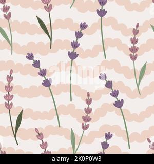 Wave curly and lavender branches pattern Stock Vector