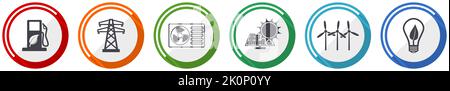 Renewable energy vector icon set, flat design circle web buttons, technology concept illustration Stock Vector