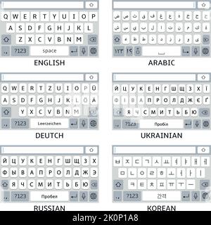 English, Arabic, Germany, Ukrainian, Korean and Russian smartphone virtual keyboards. Vector illustration. Stock Vector