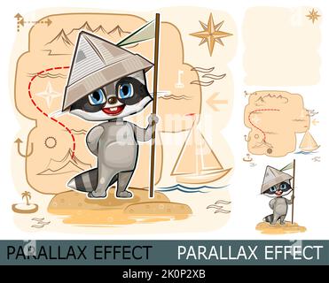 Raccon traveler. Child Game. Map with route. Search for pirate treasure on island and fun sea adventures. Cute kid animal. Image from layers for Stock Vector