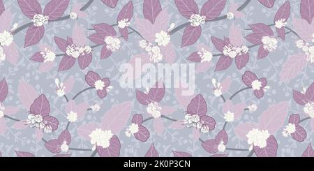 Vector purple leaves white jasmines vines on violet texture background creative Seamless pattern. Stock Vector