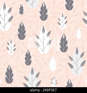 Vector grey pink white leaves twigs creative modern gender neutral seamless pattern background. Stock Vector