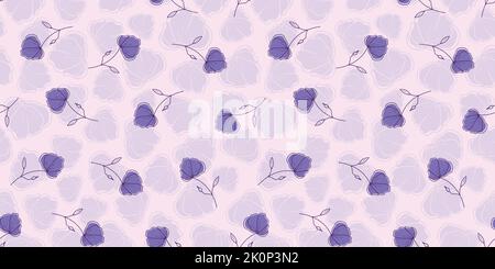 Vector violet purple hand drawn flowers ditsy on floral texture pink seamless pattern background. Stock Vector