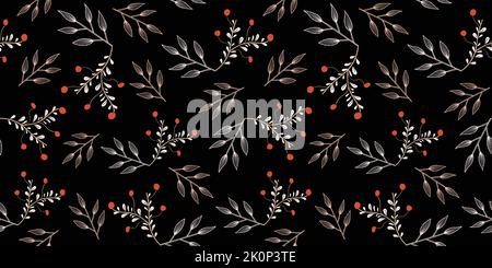 Vector white orange leaves twigs ornamental wild floral elements on black retro seamless pattern background. Stock Vector