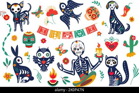 Mexican animal skulls, festive dog, bird cat and owl. Animals and human skeleton, halloween celebration spooky cute characters. Nowaday day of dead Stock Vector