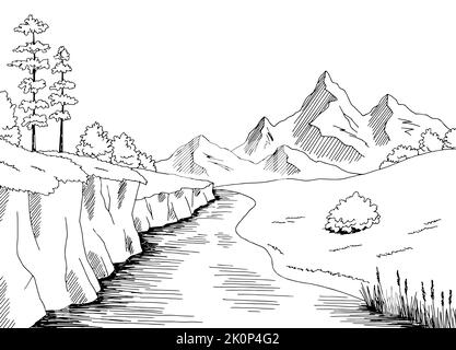 Valley landscape mountains and river forest and hills sketch. Landscape  mountains and river forest and hills valley sketch | CanStock