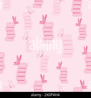 Vector pink butterflies on bricks piles girly seamless pattern background. Stock Vector