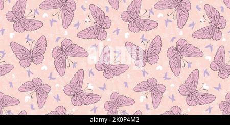 Peachy pink violet artistic texture butterflies vector seamless pattern. Stock Vector
