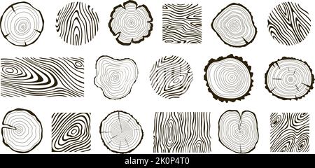 Wooden logs textures. Wood concepts graphics, lumber circles top view. Vintage outline tree rings stumps, cut trees structure racy vector collection Stock Vector
