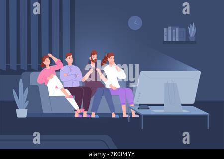 Scared people on sofa. Friends watching horror movie on home tv, afraid couples look television film thriller together in dark room, watch scary cinema vector illustration of tv fear entertainment Stock Vector