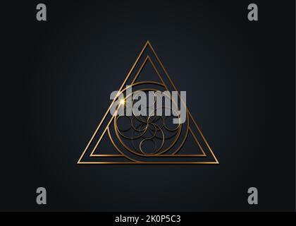 letter A and Letter O, golden logo design, sacred geometrical figure of a circle inscribed in a triangle, gold flower vector mythological symbol round Stock Vector